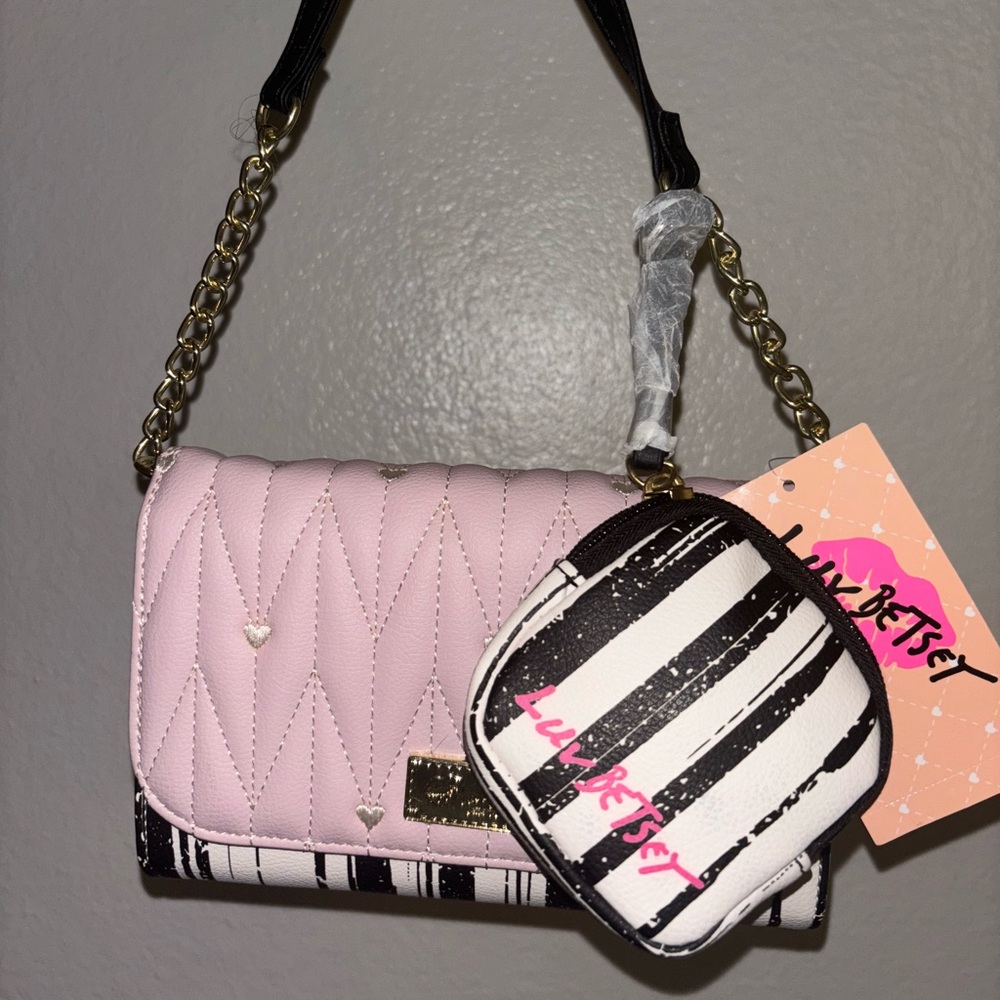 Betsey Johnson Pink Quilted Crossbody Bag with Black Stripes